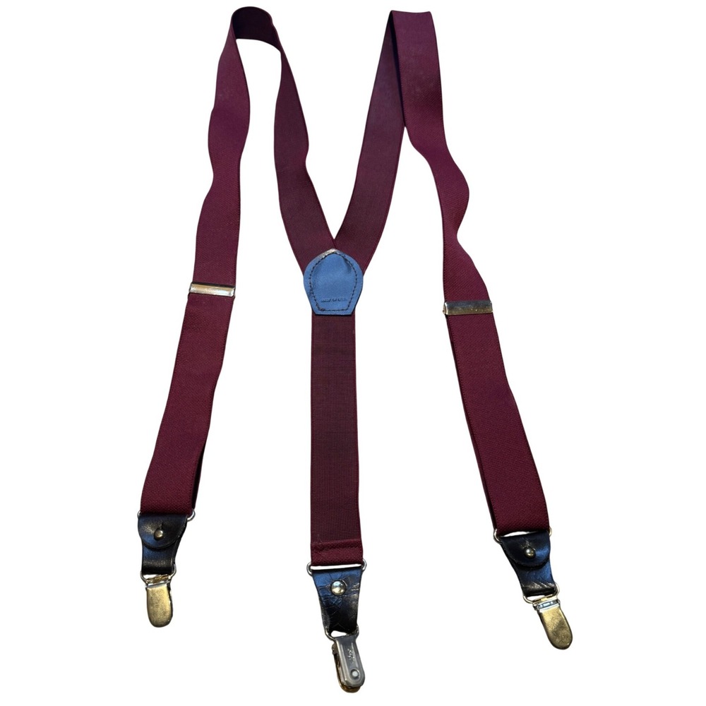 Pelican USA Burgundy Suspenders Y-Back‎ Leather Button Clip Elastic Adjustable
